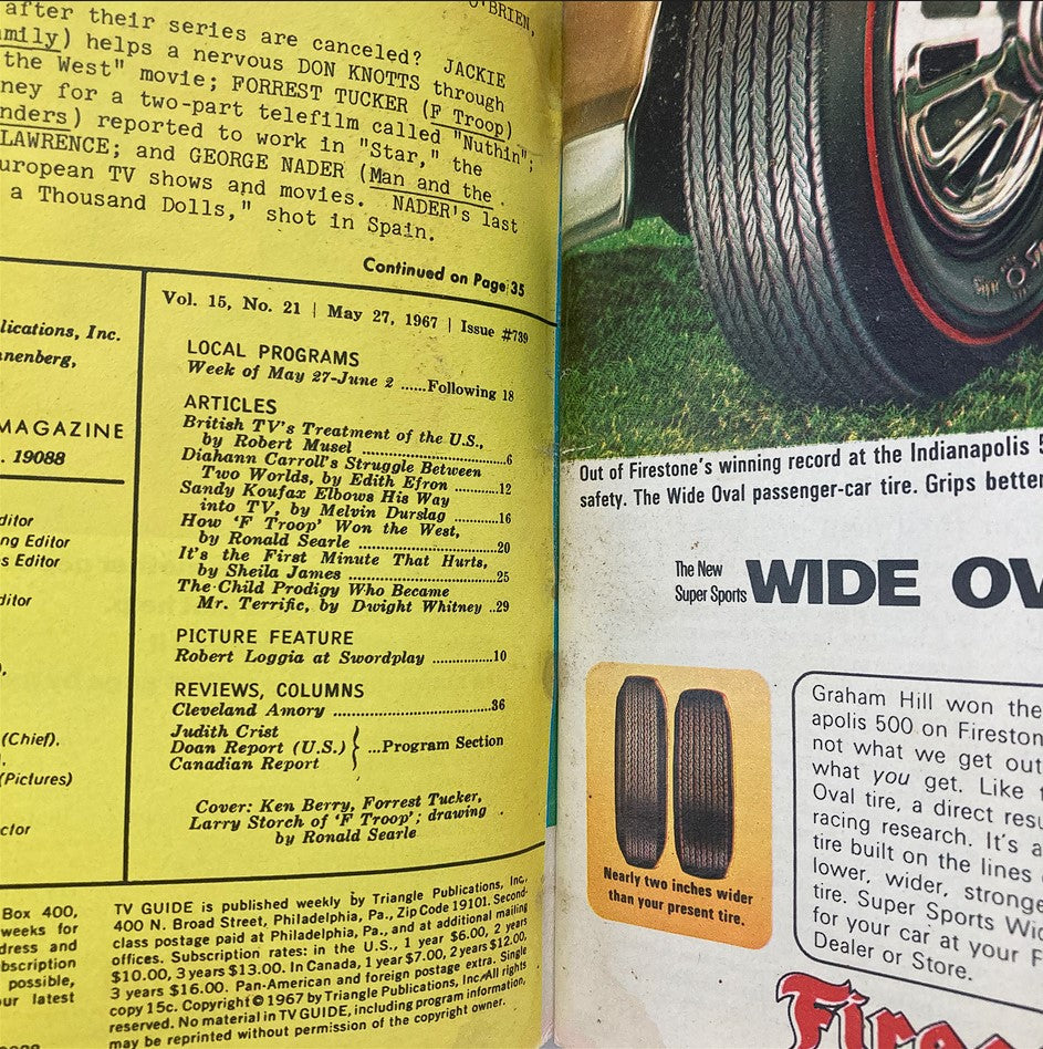 Rear cover page of TV Guide Magazine May 27 1967 showcasing articles and features related to television programming of the time, including a review of the magazine's content and advertisements for Firestone tires.