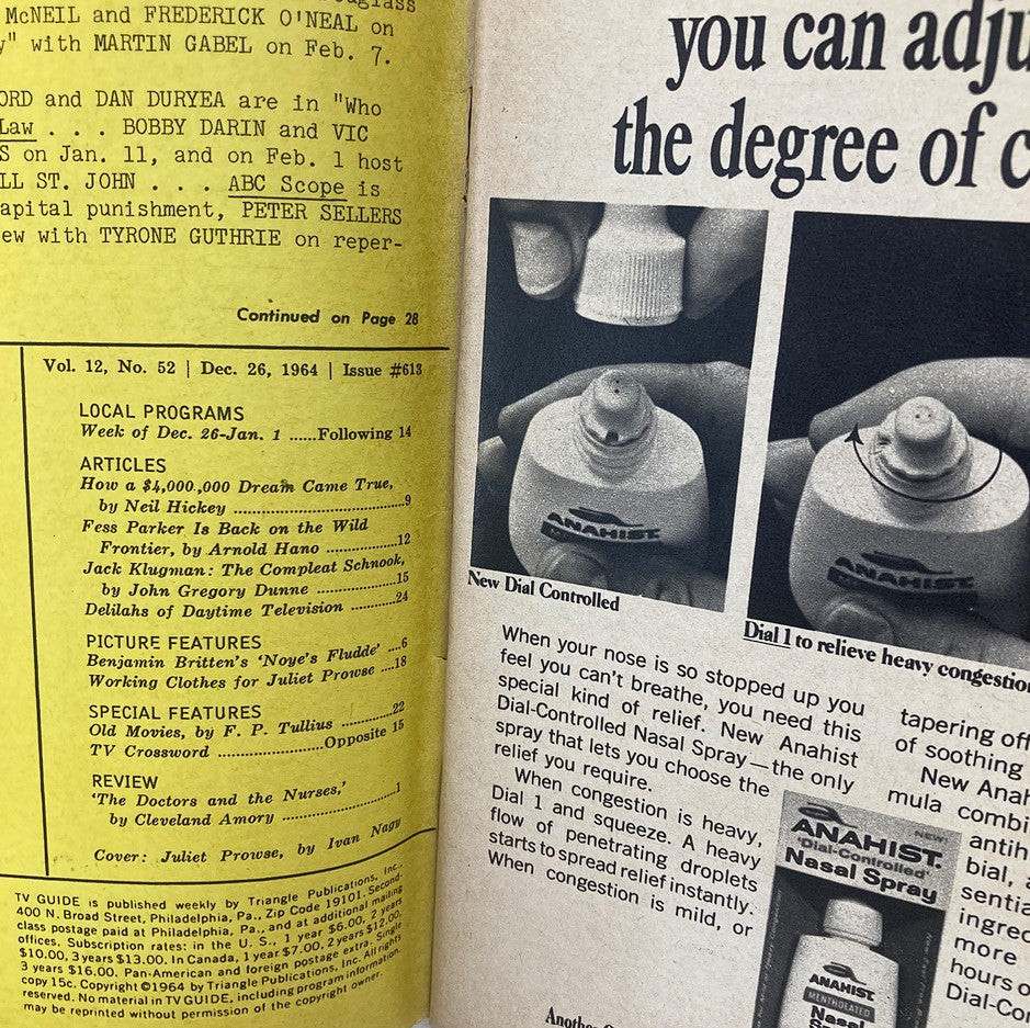 Detailed view of TV Guide Magazine December 26, 1964 Issue #613, featuring an advertisement for Anahist Nasal Spray, showcasing how to adjust the dial for relief from nasal congestion. This image highlights the vintage layout and advertising style of the era.