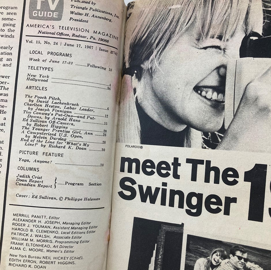 Inside of the TV Guide Magazine June 17 1967, displaying various articles and features along with a photo alerting readers about the content, including a cover feature on Ed Sullivan.
