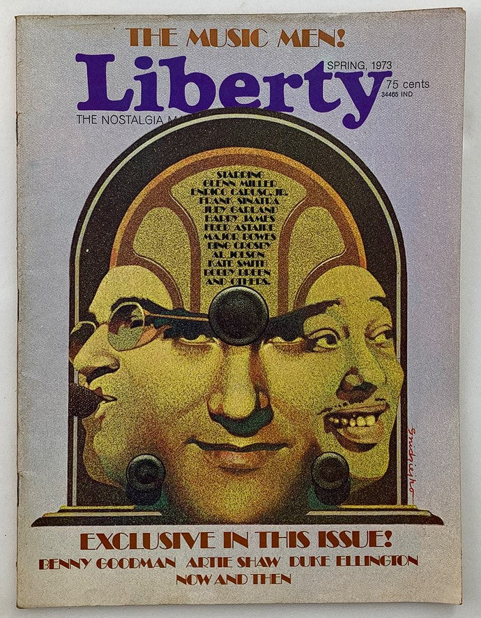 Cover of VTG Liberty Magazine Spring 1973, Vol 1 #8 featuring a vibrant illustration of musical icons, Benny Goodman and Artie Shaw, showcasing the nostalgia and culture of the jazz era.