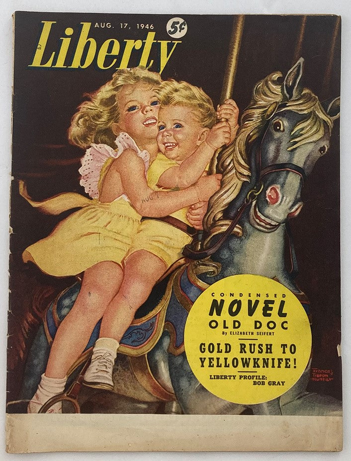 VTG Liberty Magazine August 17 1946 cover featuring two children on a carousel, showcasing vibrant artwork and nostalgic design.