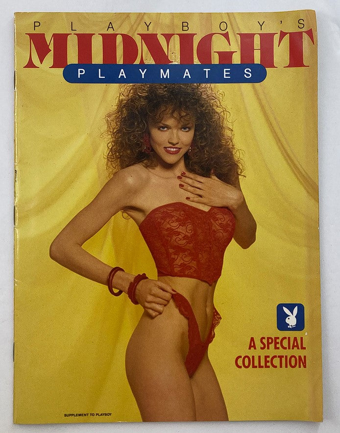 1990 Playboy Magazine Midnight Playmates Cover featuring Suzi Schott posing in a red lace outfit, emphasizing vintage charm and collectible value.