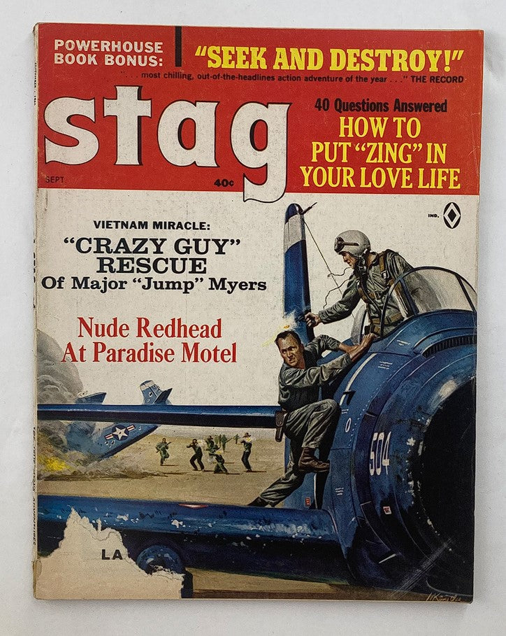 VTG Stag Magazine September 1966 featuring the cover with the title 'Seek and Destroy', showcasing a dramatic aviation rescue scene with military imagery.