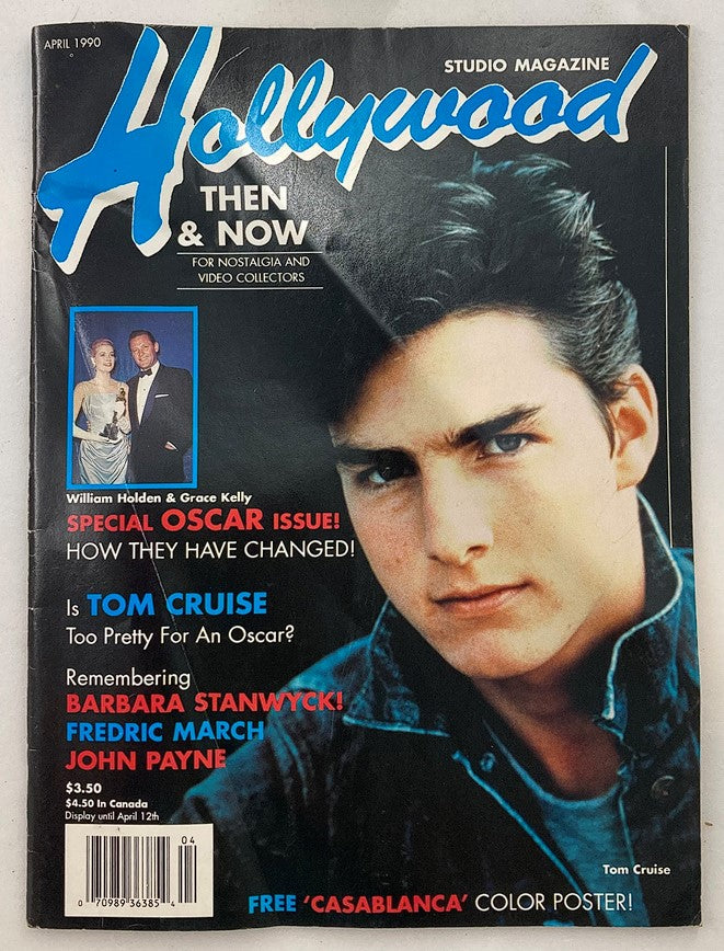 Cover of Hollywood Studio Magazine Then & Now, April 1990, featuring Tom Cruise and a photo of William Holden with Grace Kelly. Highlights include a special Oscar issue and features on notable actors like Barbara Stanwyck and Fredric March.