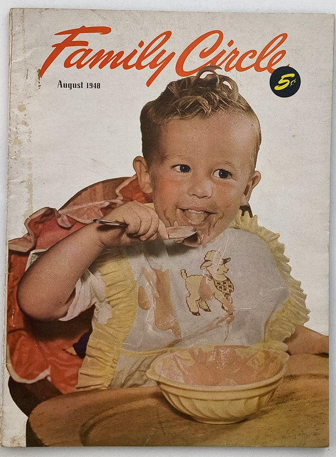Cover of VTG Family Circle Magazine August 1948 featuring a smiling toddler eating from a bowl, showcasing parenting themes from the late 1940s.