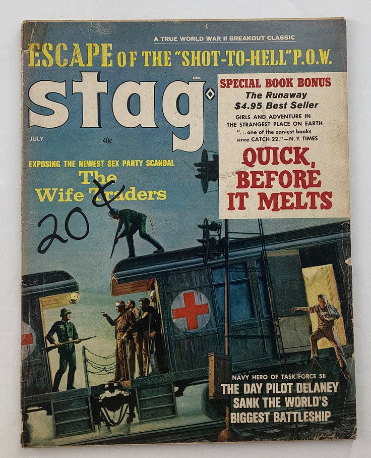 Vintage Stag Magazine cover from July 1964, Vol 15 No. 7 featuring the article 'Exposing The Wife Traders'. The cover includes striking artwork depicting wartime scenes, making it a collectible piece of literature from the 1960s.