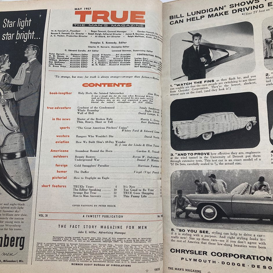 Inside page of VTG True The Man's Magazine May 1957 showing contents and articles, highlighting retro themes and advertisements reflective of 1950s culture.