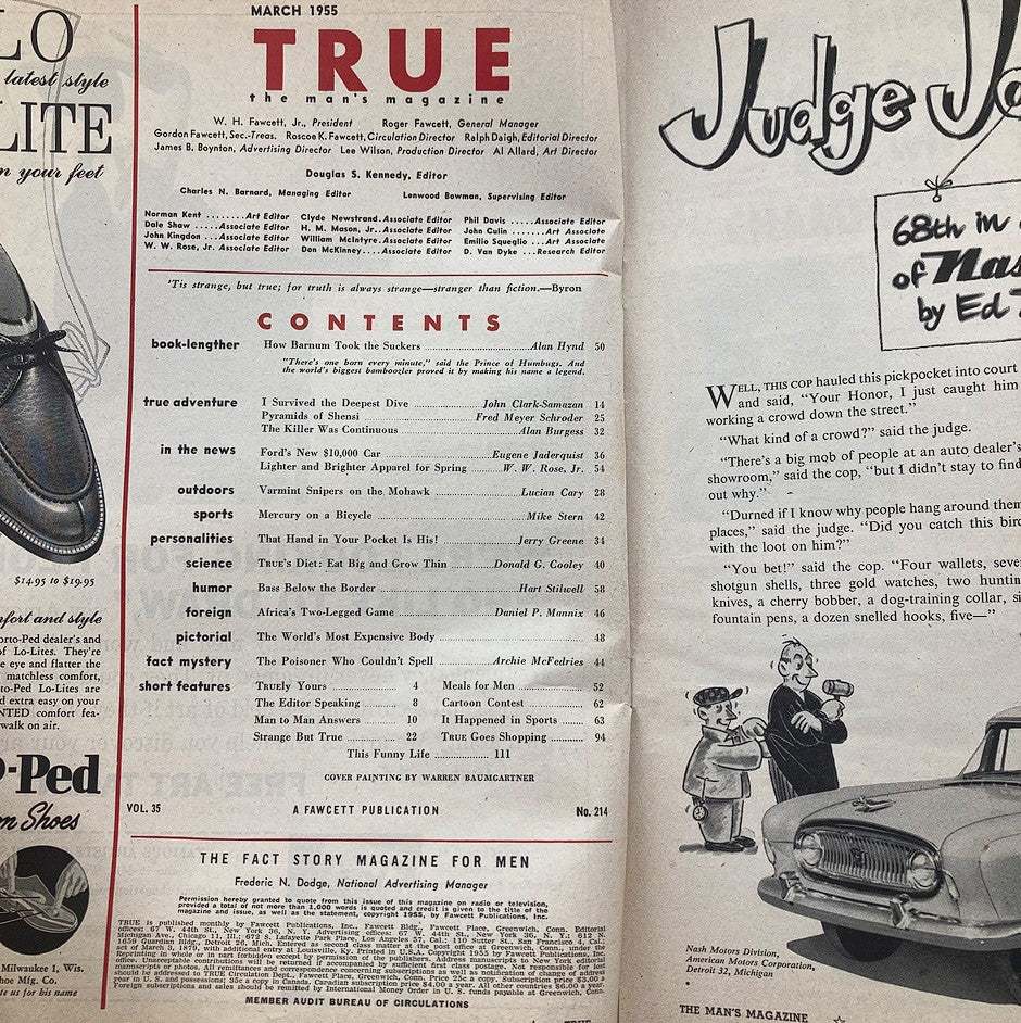 Inside page of TRUE The Man's Magazine, March 1955, Volume 35, No. 214 showing the table of contents and articles such as ‘I Survived The Deepest Dive’.