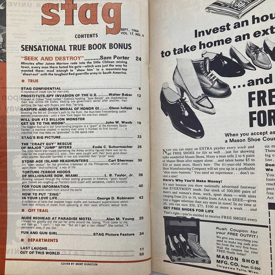 Interior page of VTG Stag Magazine September 1966, Volume 17, Number 9, displaying the table of contents including articles like 'The Crazy Guy' Rescue and 'Nude Redhead at Paradise Motel'.