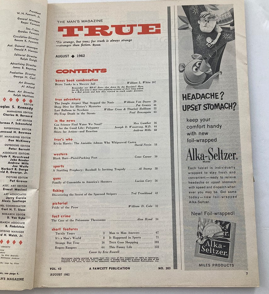 Inside page of True Magazine August 1962, Volume 43, Number 303, showcasing the contents with features like 'Brave Yanks in Moscow Jail' and advertisements reflecting the era's themes and products.