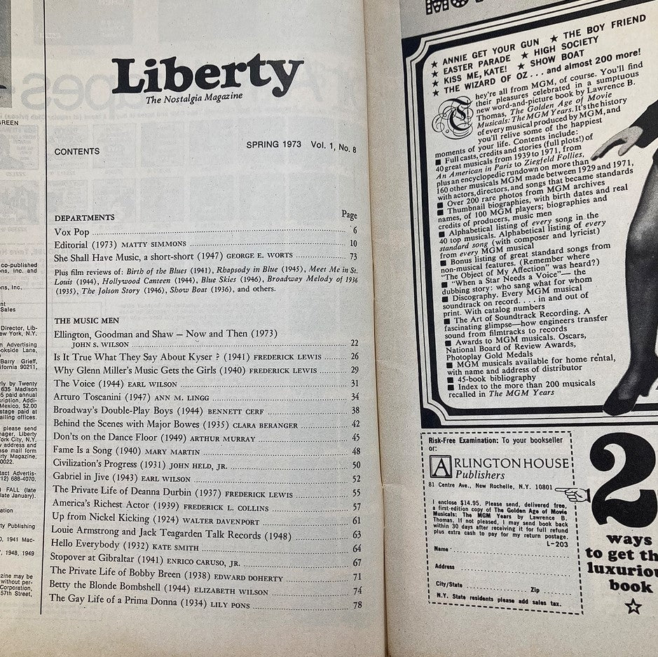 Contents page of VTG Liberty Magazine Spring 1973, Vol 1 #8 detailing articles about musical legends including Benny Goodman and Artie Shaw, highlighting the magazine's focus on jazz nostalgia.