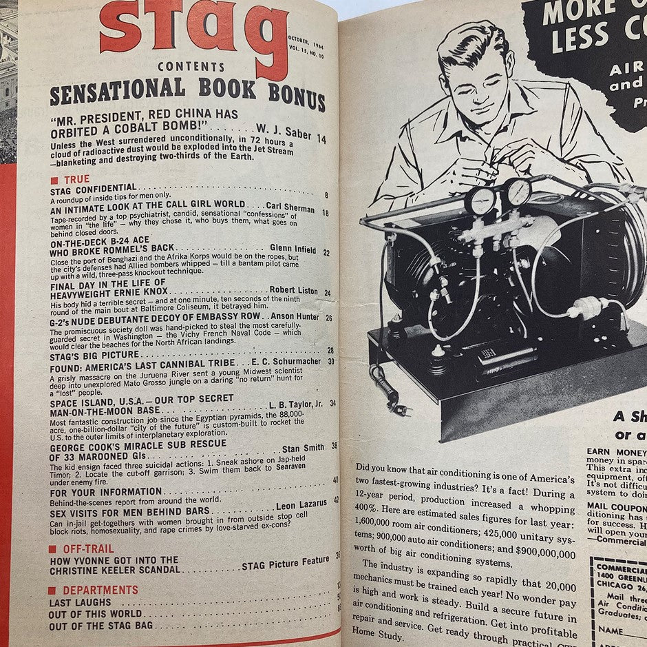 Contents page of VTG Stag Magazine October 1964 showcasing article titles including 'Mr. President, Red China Has Orbited A Cobalt Bomb!' and featuring illustrations relevant to the issue.