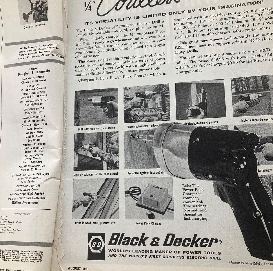 Interior page advertisement from the August 1961 issue of 'VTG True The Man's Magazine' highlighting the Black & Decker cordless electric drill, showcasing its features and versatility.