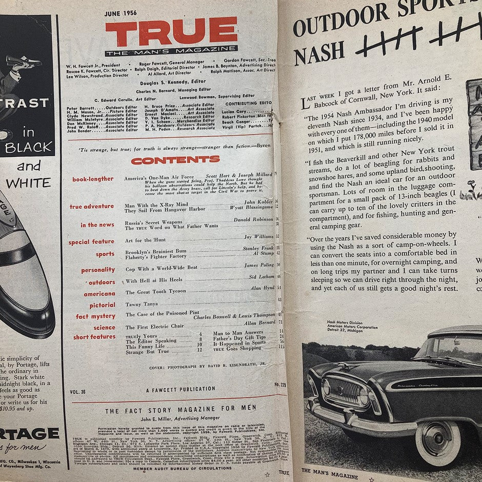 Inside page of TRUE The Man's Magazine June 1956 displaying the table of contents, including articles such as 'The Man with The X-Ray Mind' and featuring various topics like adventure, sports, and science.