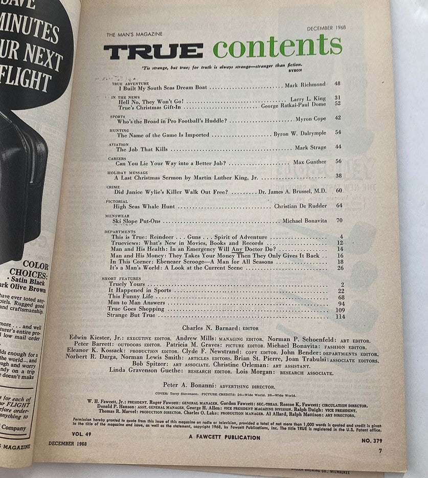 Contents page of TRUE The Man's Magazine December 1968 Vol 49 No. 379, listing featured articles and topics including 'I Built My South Sea Dream Boat' and an article by Martin Luther King Jr.