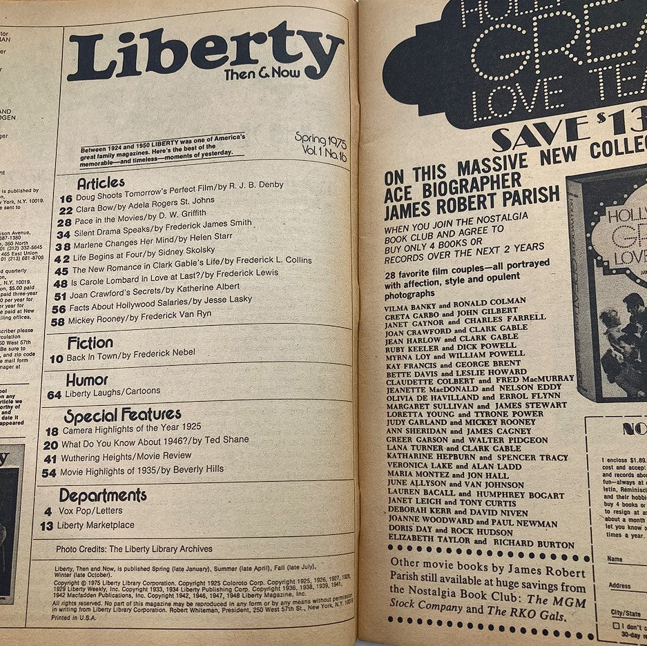 Interior page of VTG Liberty Magazine Then & Now Spring 1975 #16 featuring articles, humor, special features, and departments related to cinema and 1970s culture. The page includes a contents section detailing articles and highlights of the magazine.