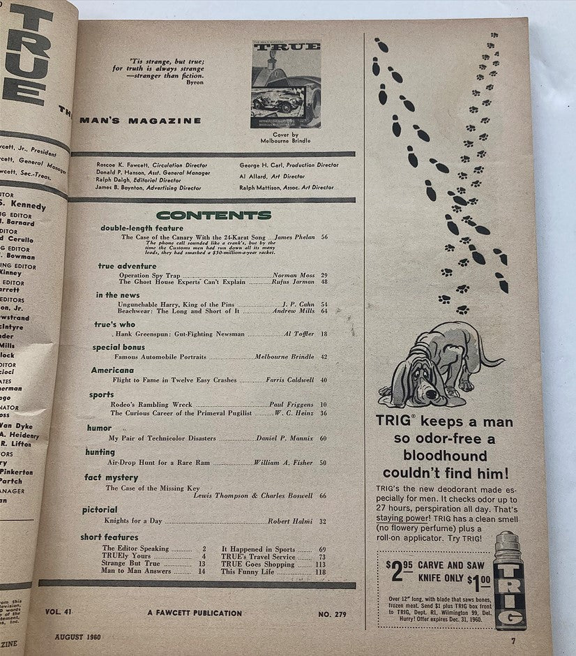 Contents page of VTG True Magazine August 1960 Vol 41 No. 279 detailing various articles including 'Famous Automobile Portrait' and other features related to the automotive culture.
