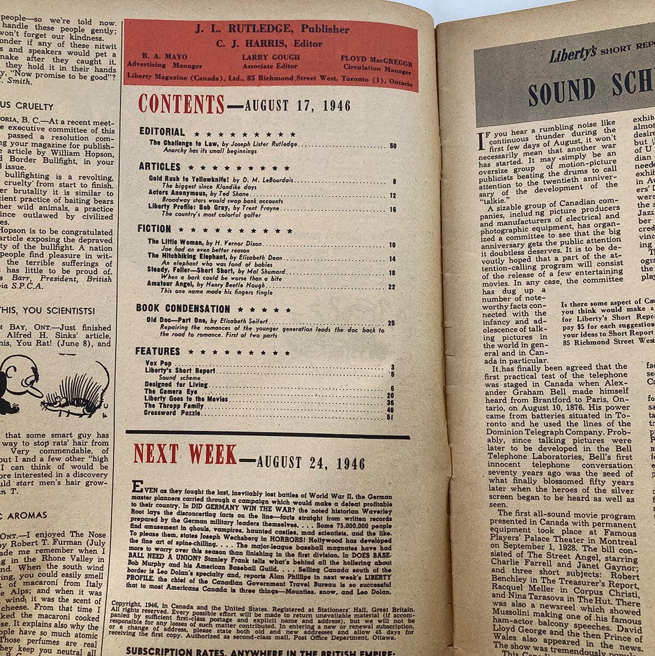 Interior page from VTG Liberty Magazine August 17 1946 displaying contents layout, including articles and features, showcasing vintage magazine design and typography.