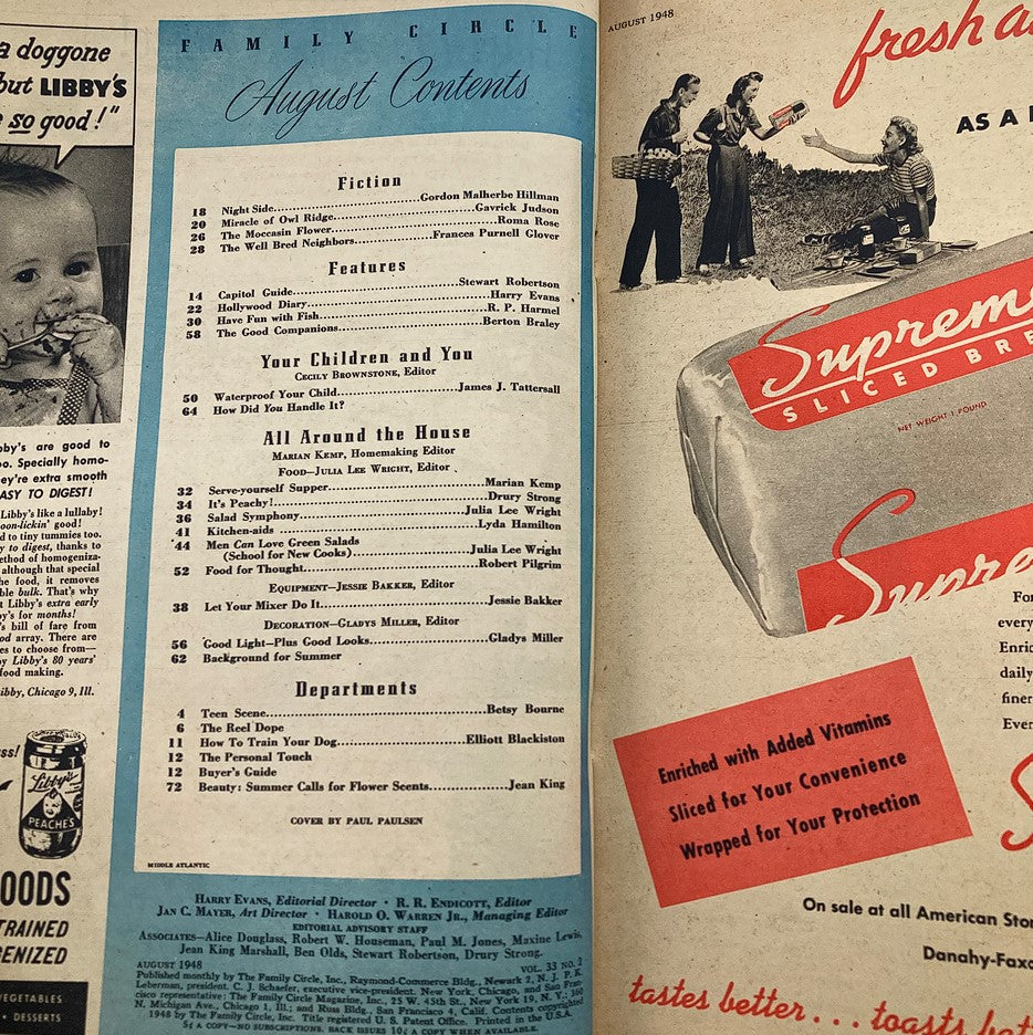 Inside spread of VTG Family Circle Magazine August 1948 displaying the table of contents with articles pertaining to family life and household tips.