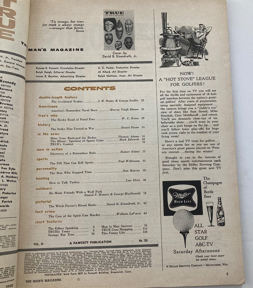 Contents page of VTG True The Man's Magazine March 1958, showcasing articles including 'The Pill That Can Kill Sports' and various features related to mid-century American culture.