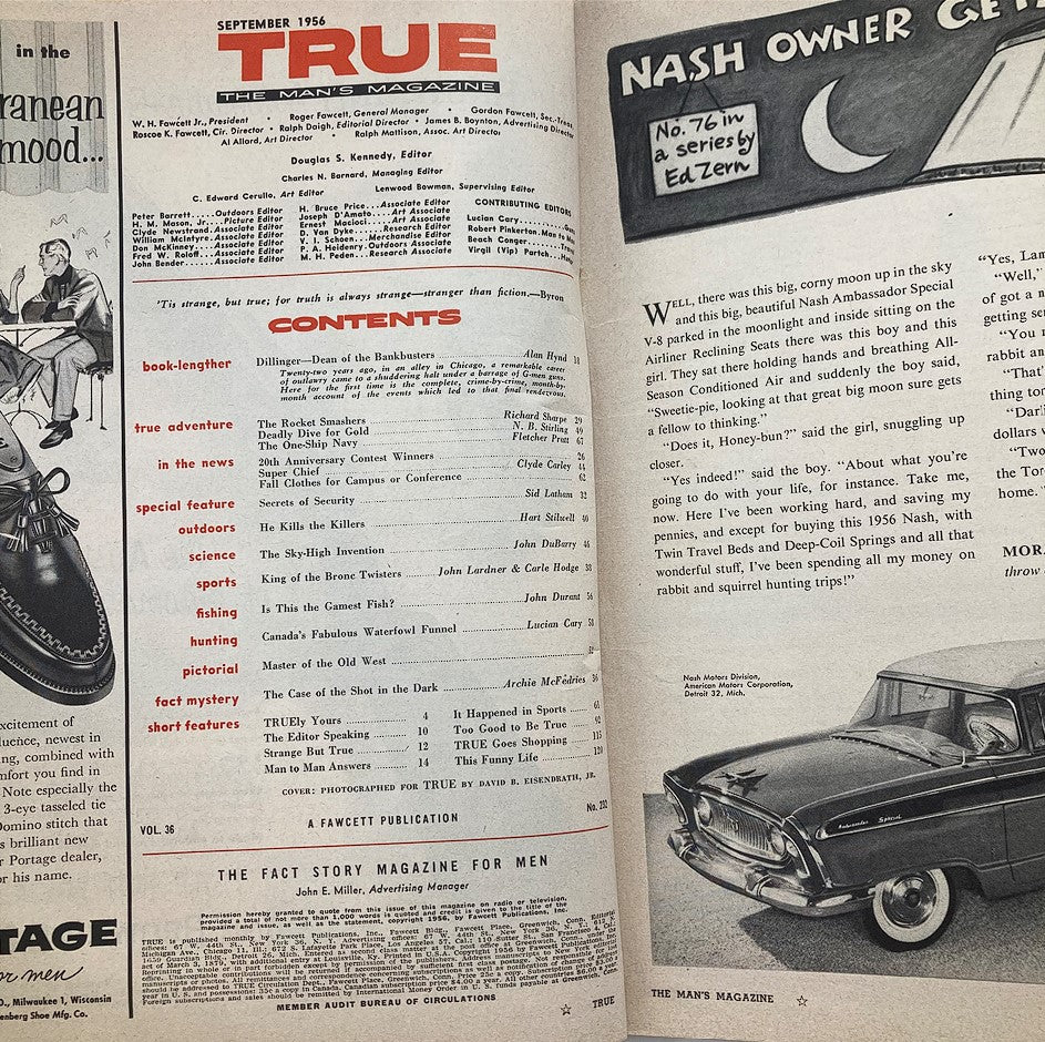 Interior page of TRUE The Man's Magazine September 1956 showcasing the table of contents, highlighting various articles including 'The Case of the Shot in the Dark' and additional features, providing insight into the magazine's content.