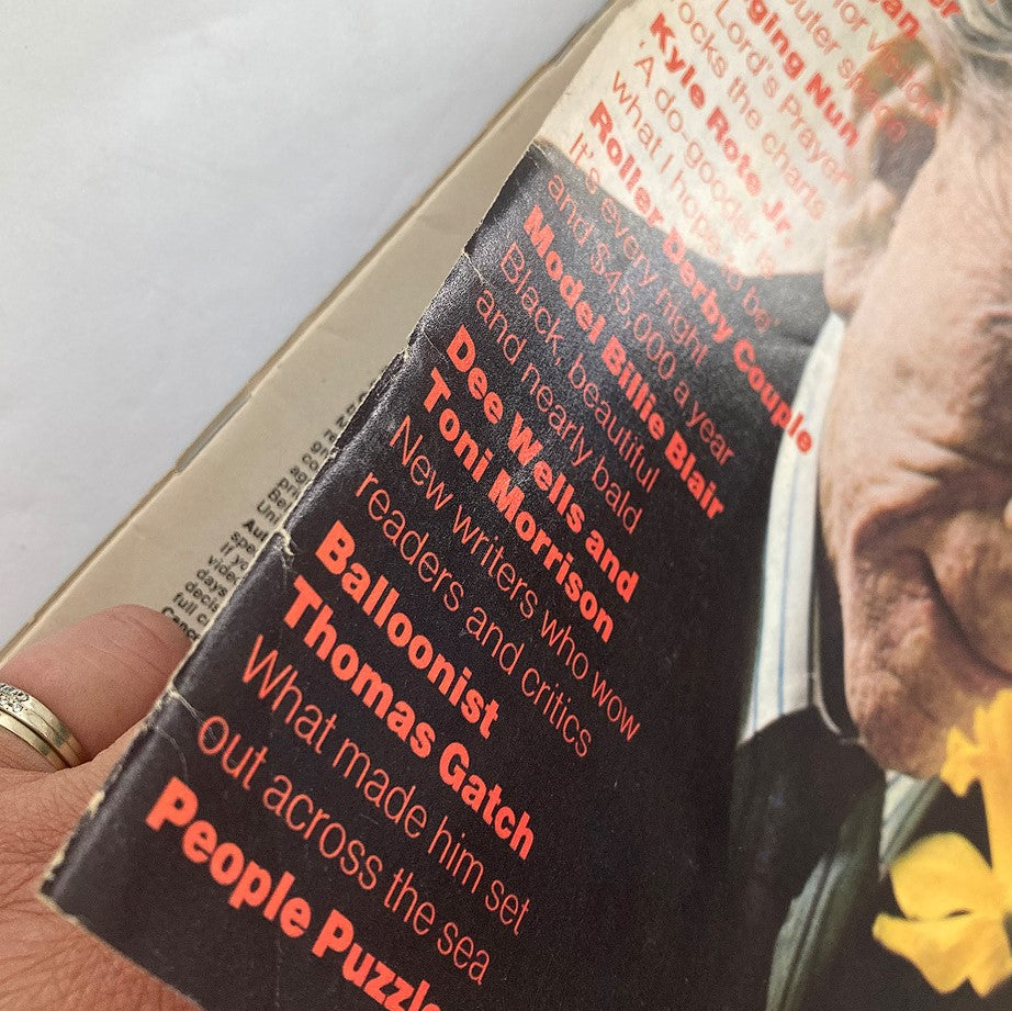 Side view of People Weekly Magazine from March 18, 1974, highlighting contents including J. Paul Getty, Billie Blair, and Toni Morrison.