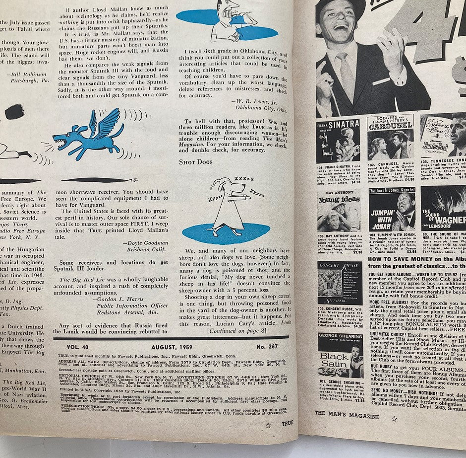 Inside page of VTG True The Man's Magazine August 1959 displaying quirky illustrations and articles about sports and contemporary culture.