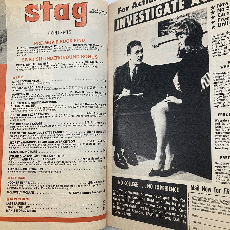 Contents page of VTG Stag Magazine December 1971 Vol 22 No. 14 highlighting articles like 'I Hunt the Most Dangerous Sharks' and 'The Raid of the Swap Club Cycle Angels', reflecting its engaging topics from the era.