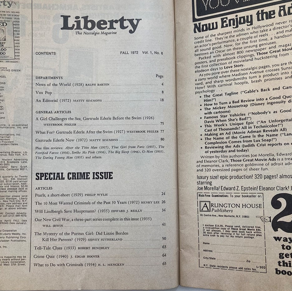 Interior page of VTG Liberty Magazine Fall 1972 Vol 1 #6 displaying the table of contents, highlighting articles about notable criminals and cultural commentary from the era.