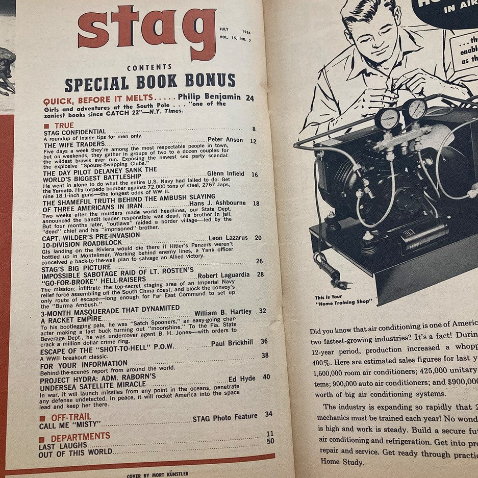 Interior page of VTG Stag Magazine July 1964, Vol 15 No. 7, featuring contents section and illustrations related to the cover story 'Exposing The Wife Traders'.