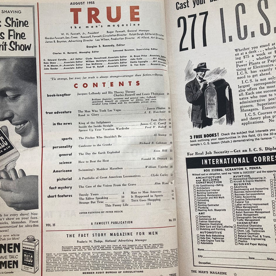 Inside page of VTG True The Man's Magazine from August 1955 displaying the table of contents and an overview of featured articles, including Mr. Tabet.