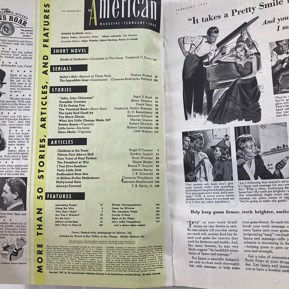 Interior pages of VTG The American Magazine February 1942 Vol 132 #2 showcasing the table of contents and articles titled 'Sailor's Girl' and other story listings. The layout highlights various stories, features, and illustrations from this historical magazine.