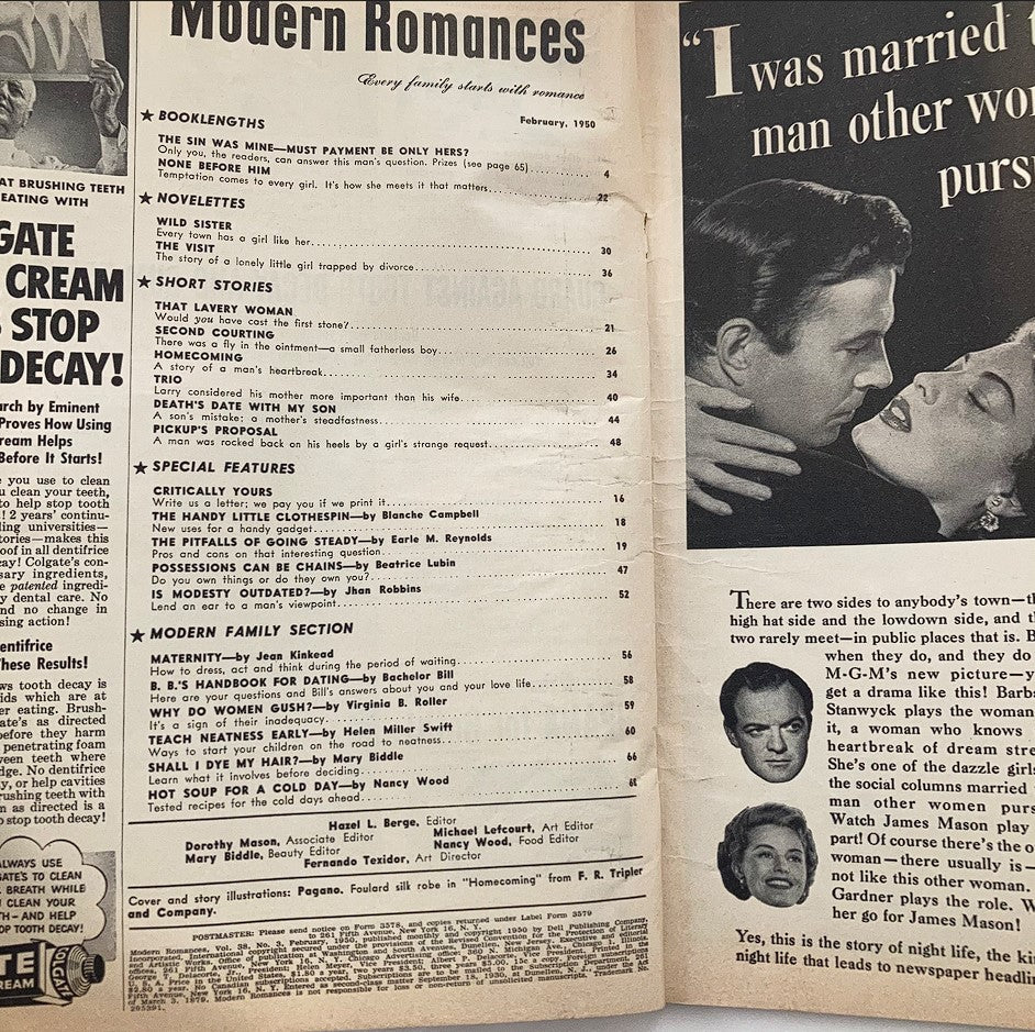 Inside spread of Vintage Modern Romances Magazine February 1950 showcasing table of contents with article titles and images reflecting 1950s romantic stories and family themes.
