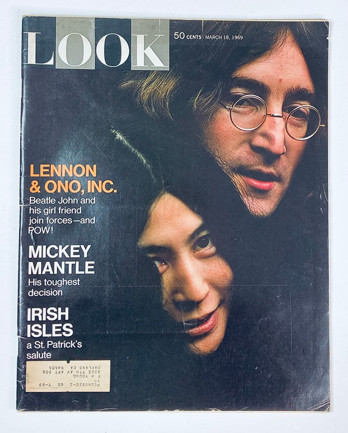 Cover of VTG Look Magazine March 18 1969 Vol 33 #6 featuring John Lennon and Yoko Ono, highlighting their cultural impact.