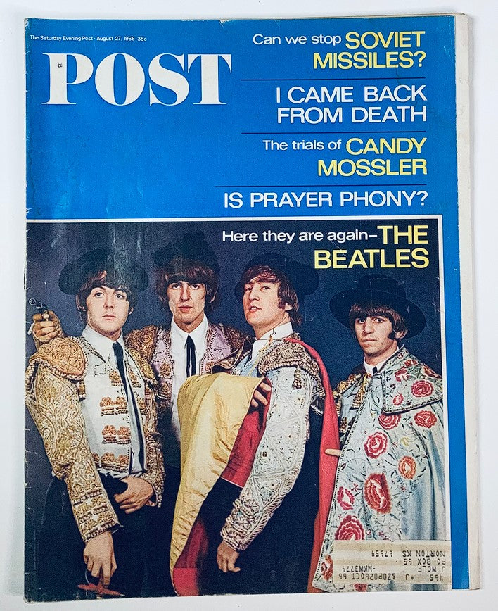 VTG The Saturday Evening Post Magazine August 27, 1966 cover featuring The Beatles in colorful costumes, capturing a moment of pop culture from the 1960s.