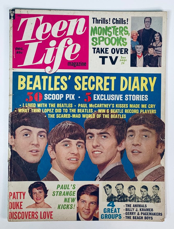 Cover of VTG Teen Life Magazine December 1964 Vol 3 #6 featuring The Beatles' Secret Diary, popular articles, and images of the Beatles. Includes headlines about exclusive stories and scoop pictures.