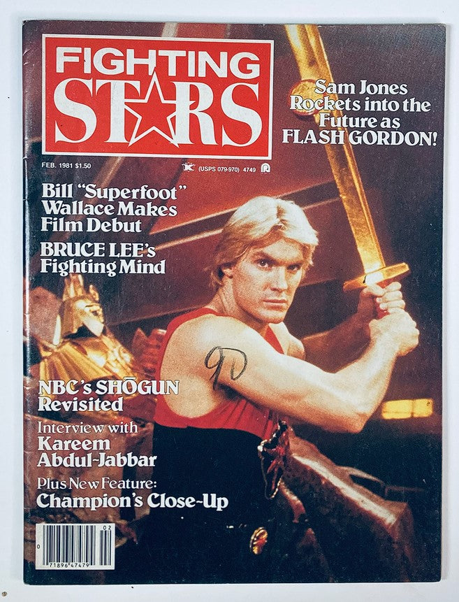 Fighting Stars Magazine February 1981 Vol 8 #1 featuring Sam Jones on the cover. The magazine highlights Sam Jones's connection to Flash Gordon, along with articles on martial arts celebrities like Bill Wallace and Bruce Lee.