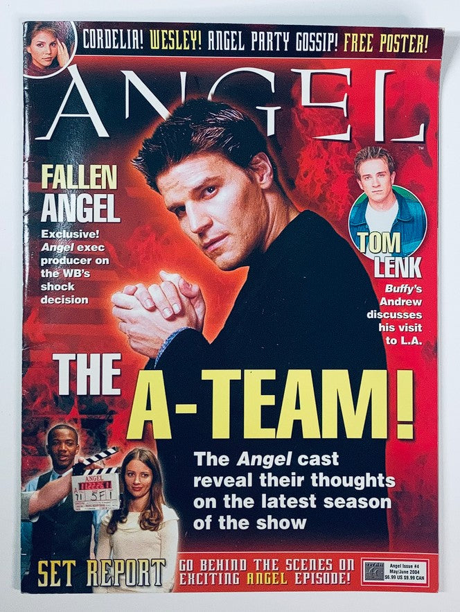 Cover of Angel Magazine May 2004 Issue #4 featuring David Boreanaz, Tom Lenk, and highlights on the show’s latest season.