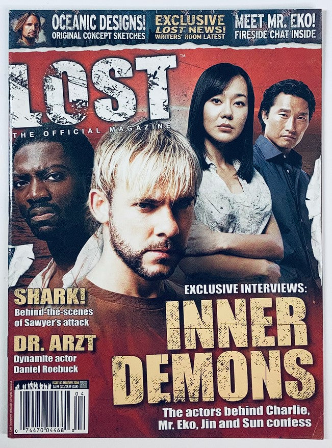 Cover of Lost The Official Magazine March 2006 featuring cast members including Dominic Monaghan and Yunjin Kim, with the headline 'Exclusive Interviews: Inner Demons'.