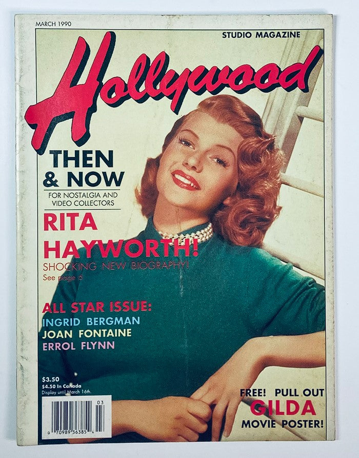 Hollywood Studio Magazine Then & Now March 1990 featuring Rita Hayworth on the cover, highlighting her biography alongside other iconic stars such as Joan Fontaine and Ingrid Bergman.