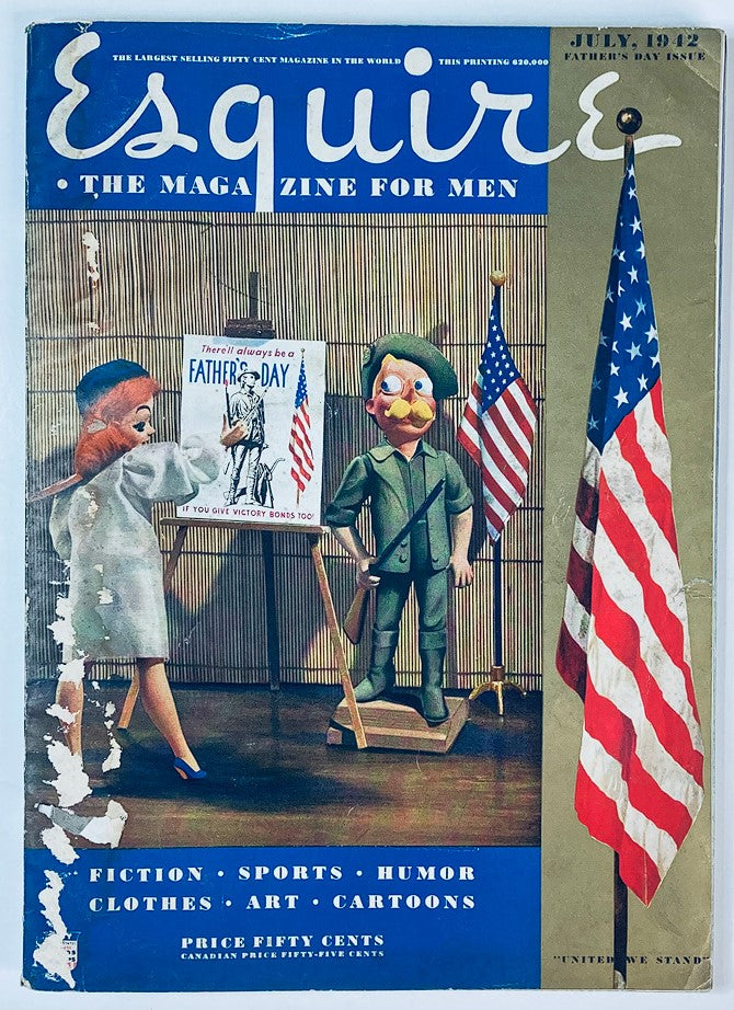 VTG Esquire Magazine July 1942 No. 104 cover featuring a vintage illustration with a doll, a soldier, and American flags, titled 'There'll Always Be Father's Day'.