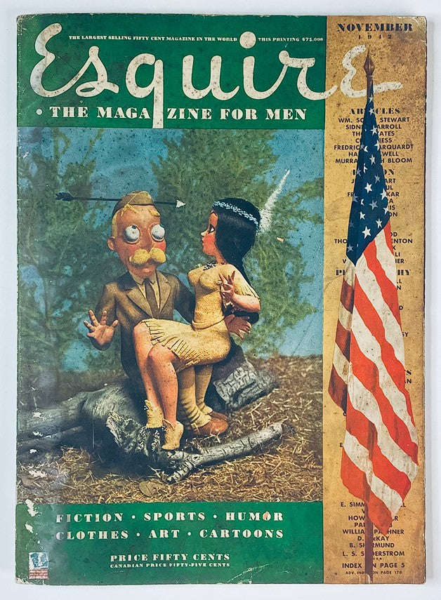 Cover of VTG Esquire Magazine from November 1942, issue number 108, featuring American Indian style with a unique artistic illustration, including a character and an American flag.