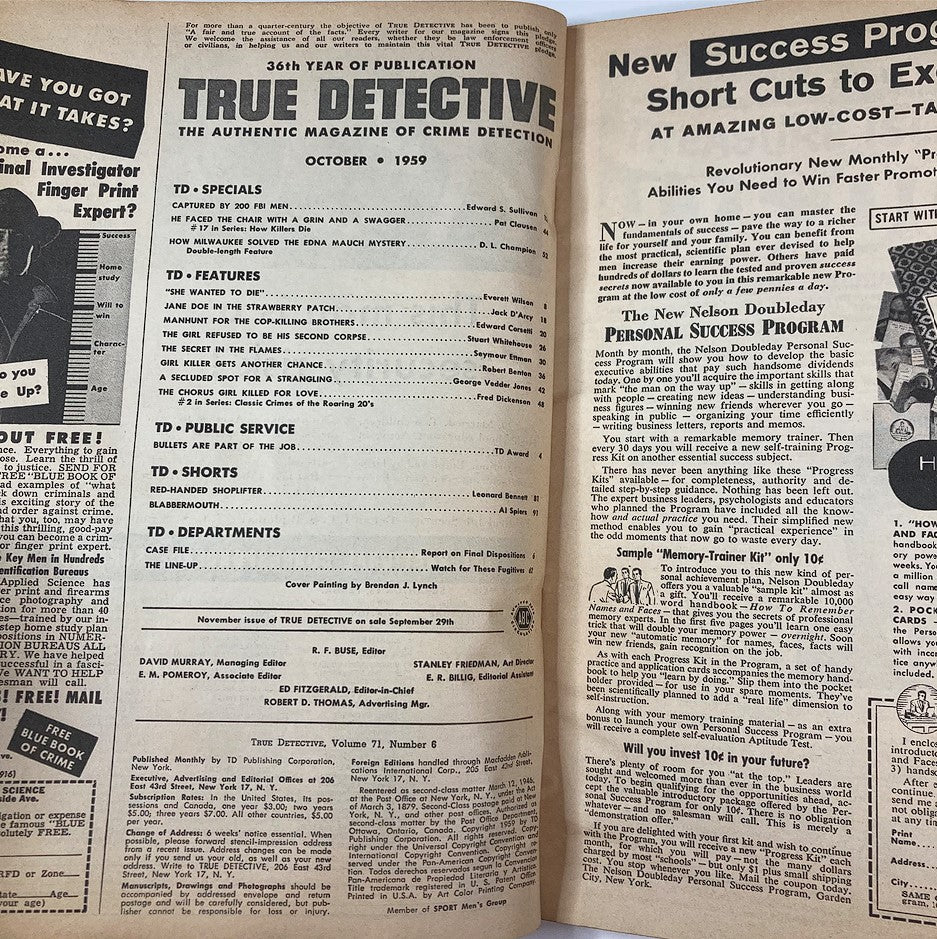 Interior page of VTG True Detective Magazine, October 1959, showcasing the magazine's table of contents and features related to crime detection.