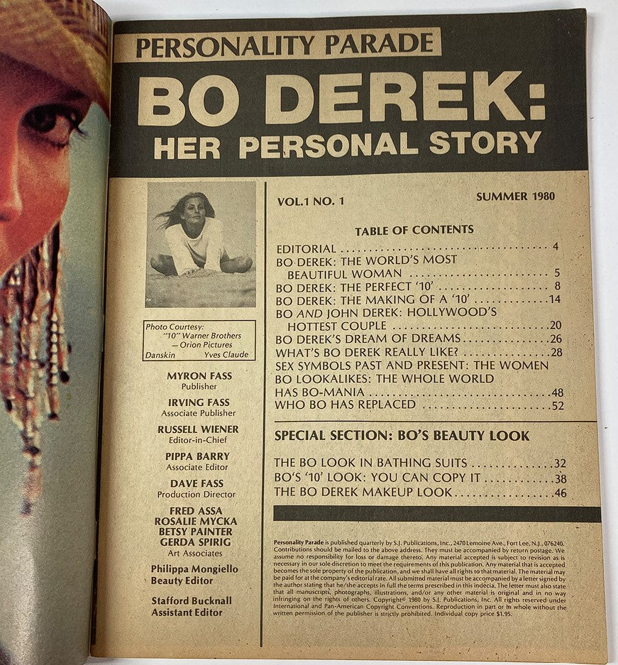 Table of contents from Personality Parade Magazine Summer 1980 Vol 1 #1, showcasing articles about Bo Derek, her personal story, and her influence in the entertainment industry.