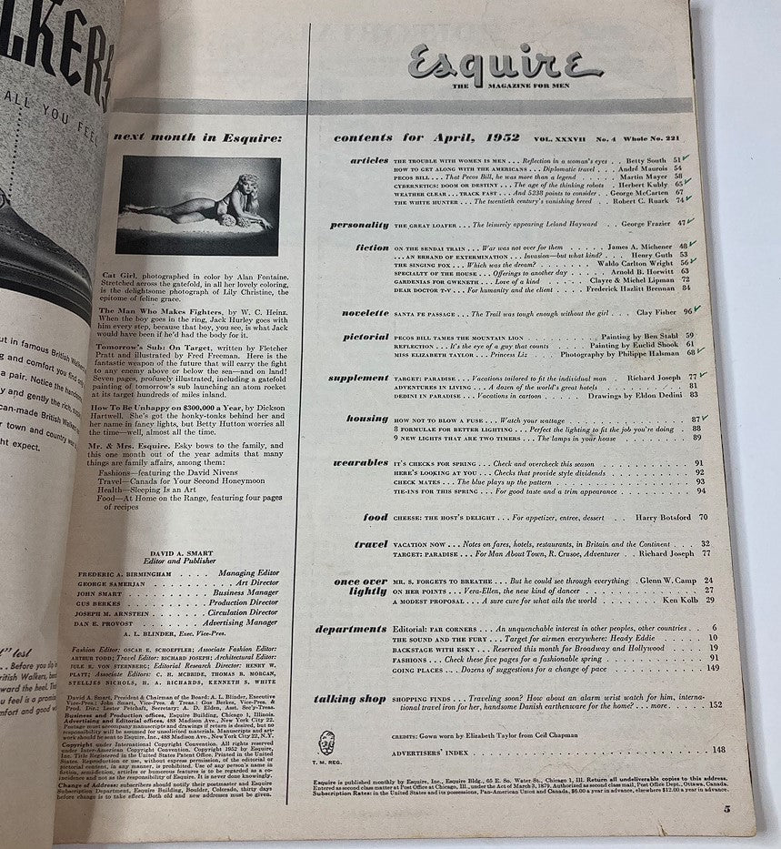 Inside page of VTG Esquire Magazine April 1952 No. 221 featuring the table of contents and articles summary, highlighting the magazine's classic style and vintage publication details.
