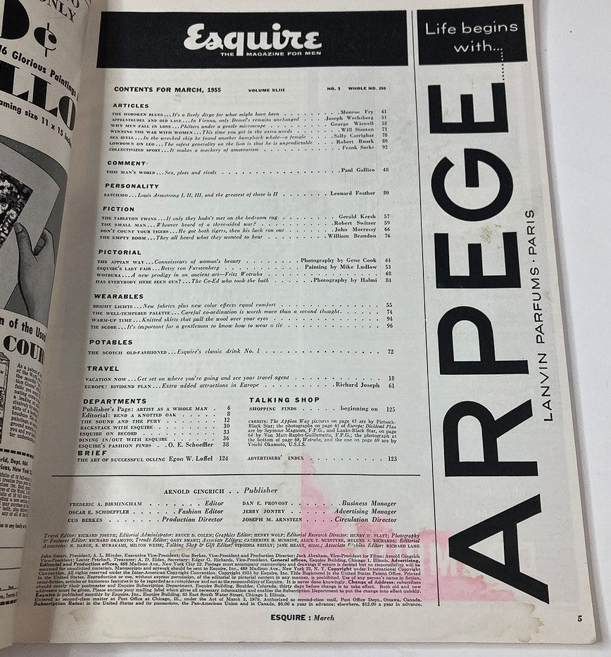 Table of contents page from VTG Esquire Magazine March 1955 No. 256, showcasing featured articles including commentary, personality profiles, and pictorials relevant to mid-20th century men's interests.
