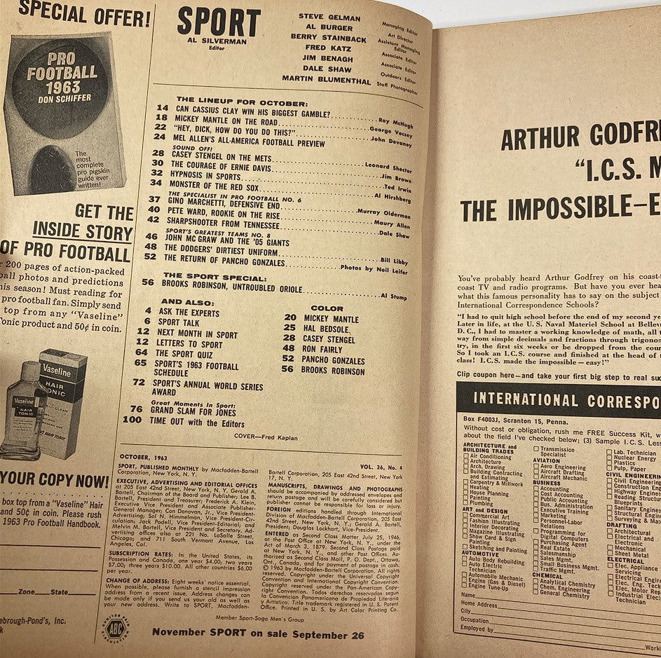 Inside page of VTG Sport Magazine October 1963 Vol 36 #4 displaying contents including articles on Mickey Mantle and other sports features.