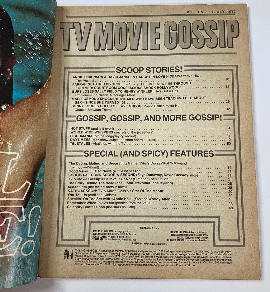 Inside page of VTG TV Movie Gossip Magazine July 1977 Vol 1 #11 displaying the table of contents, including various celebrity gossip stories and articles.