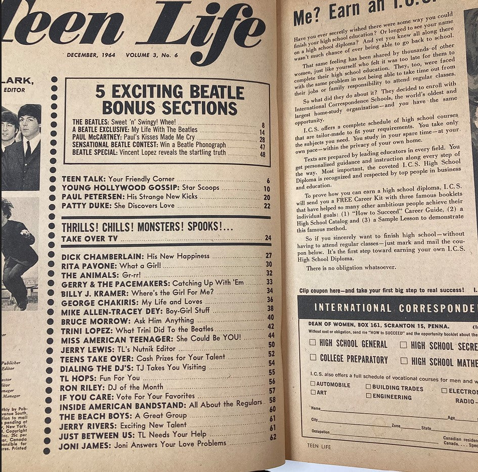 Inside page of VTG Teen Life Magazine December 1964 Vol 3 #6 showcasing table of contents with sections on The Beatles, teen gossip, and featured articles for young readers.