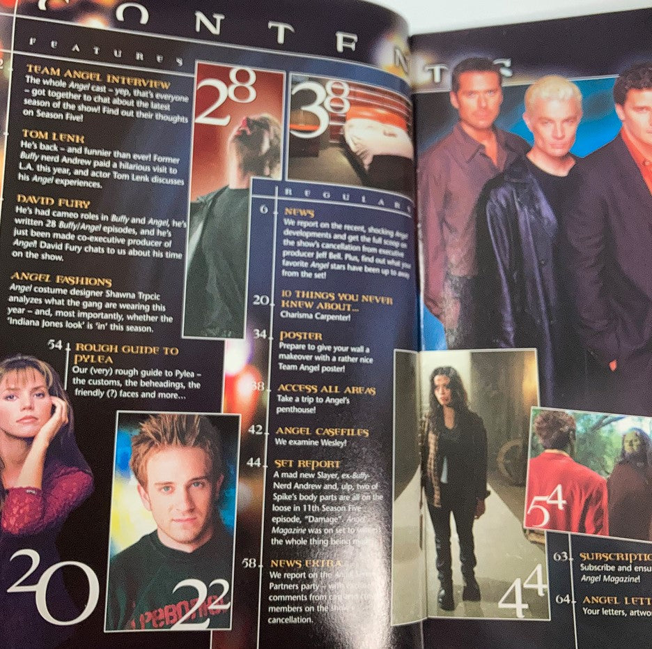 Angel Magazine May 2004 Issue #4 featuring pages from the content section, showcasing Tom Lenk, David Boreanaz, and other cast members with highlights of articles, interviews, and insights into the show.